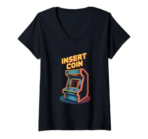 Damen Arcade Automat Insert Coin Retro Gaming Spielhalle T-Shirt mit V-Ausschnitt Damen Arcade Automat Insert Coin Retro Gaming Spielhalle T-Shirt mit V-Ausschnitt von Retro Gaming Arcade Spielhalle 80er 90er Gamer
