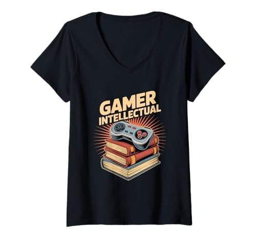 Damen Gamer Intellectual Retro Controller Bücher Gaming T-Shirt mit V-Ausschnitt von Retro Gaming Controller Bücher Nerd Wissen