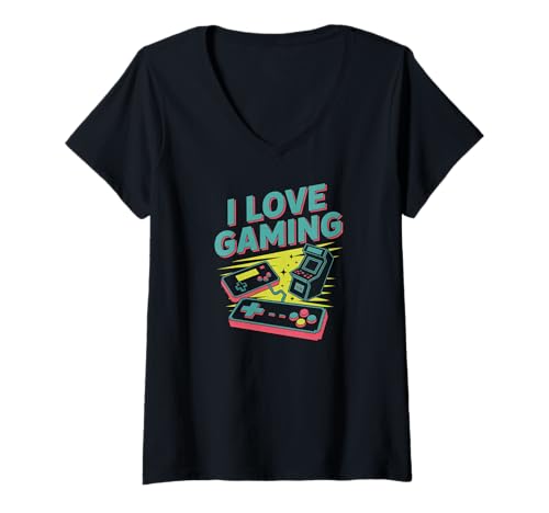 Damen Ich Liebe Gaming, Retro-Arcade-Spaß T-Shirt mit V-Ausschnitt Damen Ich Liebe Gaming, Retro-Arcade-Spaß T-Shirt mit V-Ausschnitt von Retro Gaming Enthusiast Passion