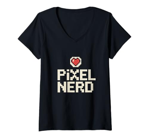 Damen Pixel Nerd Herz 8 Bit Retro Gaming Gamer Liebe T-Shirt mit V-Ausschnitt von Retro Gaming Nerd Pixel Herz 8 Bit Liebhaber