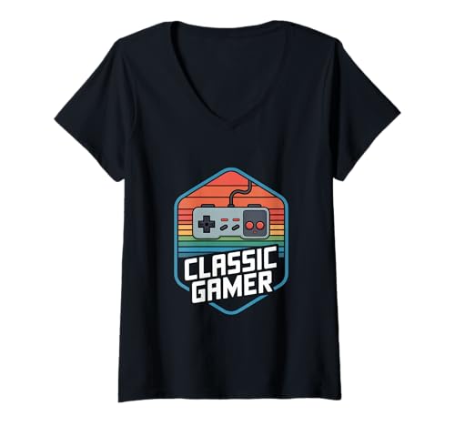 Damen Classic Gamer Retro Videospiel Nostalgie T-Shirt mit V-Ausschnitt Damen Classic Gamer Retro Videospiel Nostalgie T-Shirt mit V-Ausschnitt von Retro Gaming Nostalgie Oldschool Konsole Pixel