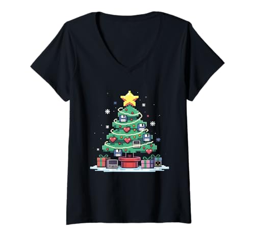 Damen Tech Programming Retro Gaming Weihnachtsbaum Geek Herren Damen T-Shirt mit V-Ausschnitt von Retro Gaming Tech Programmer Xmas Tree Pixel Art
