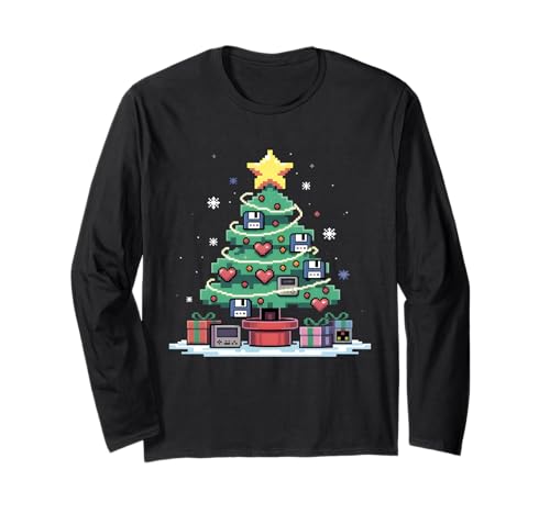 Tech Programming Retro Gaming Weihnachtsbaum Geek Herren Damen Langarmshirt von Retro Gaming Tech Programmer Xmas Tree Pixel Art