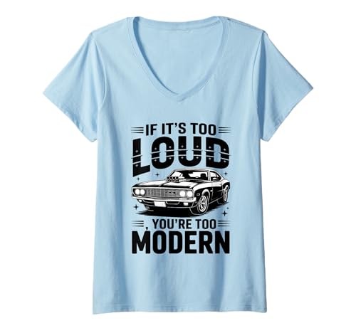 Damen Es ist zu laut Black and White Muscle Car Art T-Shirt mit V-Ausschnitt Damen Es ist zu laut Black and White Muscle Car Art T-Shirt mit V-Ausschnitt von Retro Garage Classics