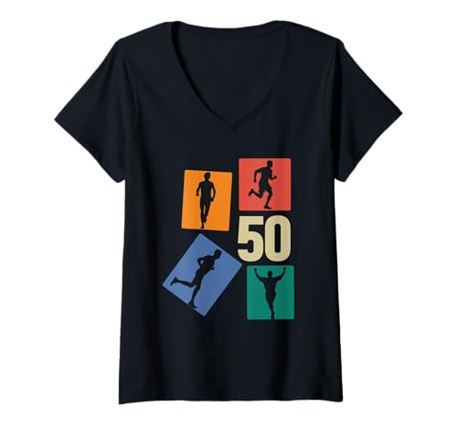 Damen 50. Geburtstag Joggen 50 Jahre Männer Retro Jogger Läufer T-Shirt mit V-Ausschnitt von Retro Geburtstag Joggen Geschenk Jungs Männer