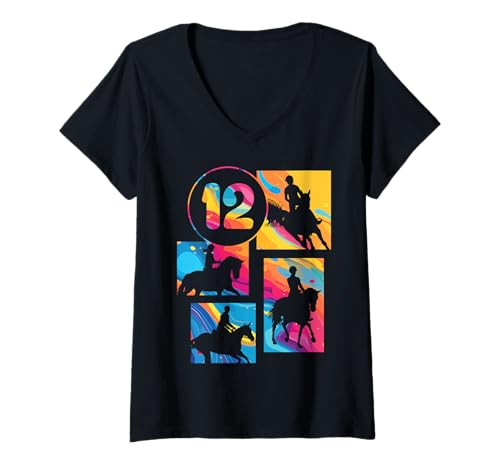Damen 12. Geburtstag Reiten 12 Jahre Mädchen Retro Pferde Reiterin T-Shirt mit V-Ausschnitt von Retro Geburtstag Reiten Mädchen Frauen Geschenk