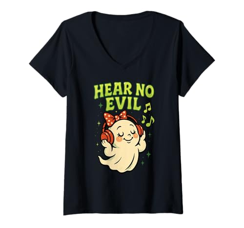 Damen Hear No Evil Ghost mit Kopfhörern und Musiknoten Halloween T-Shirt mit V-Ausschnitt Damen Hear No Evil Ghost mit Kopfhörern und Musiknoten Halloween T-Shirt mit V-Ausschnitt von Retro Ghost Art trio halloween costumes for women