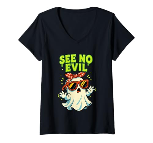 Damen Sehen Sie No Evil Ghost mit Sonnenbrille und Retro-Halloween-Stil T-Shirt mit V-Ausschnitt Damen Sehen Sie No Evil Ghost mit Sonnenbrille und Retro-Halloween-Stil T-Shirt mit V-Ausschnitt von Retro Ghost Art trio halloween costumes for women