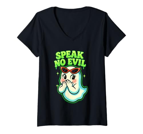 Damen Speak No Evil Ghost mit Sonnenbrille und verspieltem Halloween-Set T-Shirt mit V-Ausschnitt Damen Speak No Evil Ghost mit Sonnenbrille und verspieltem Halloween-Set T-Shirt mit V-Ausschnitt von Retro Ghost Art trio halloween costumes for women