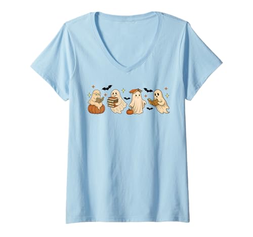 Damen Bücherwurm Geist lesen Büch Bücherfreak Bücherliebhaber T-Shirt mit V-Ausschnitt Damen Bücherwurm Geist lesen Büch Bücherfreak Bücherliebhaber T-Shirt mit V-Ausschnitt von Retro Ghost Reading Books Literary Book Lover Club