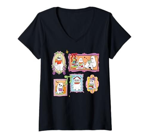 Damen Bücherwurm Retro-Geist liest Bücher Bücherfreak Literarische T-Shirt mit V-Ausschnitt von Retro Ghost Reading Books Literary Girl Halloween