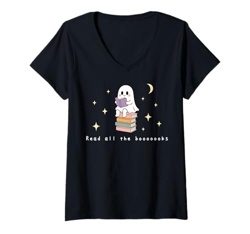 Damen Retro-Geist Lesen Bücher Bücherwurm Literarisches Mädchen T-Shirt mit V-Ausschnitt von Retro Ghost Reading Books Literary Girl Halloween