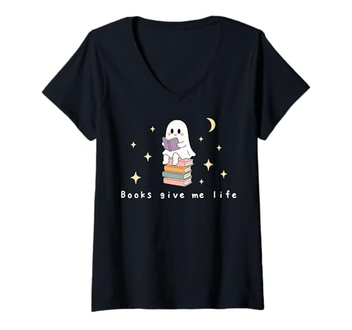 Damen Retro-Geist Lesen Bücher Bücherwurm Literarisches Mädchen T-Shirt mit V-Ausschnitt von Retro Ghost Reading Books Literary Girl Halloween