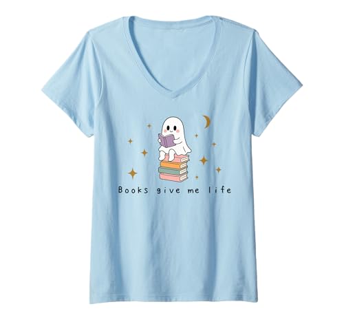 Damen Retro-Geist Lesen Bücher Bücherwurm Literarisches Mädchen T-Shirt mit V-Ausschnitt von Retro Ghost Reading Books Literary Girl Halloween