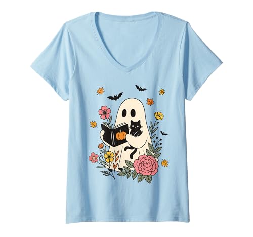Damen Retro-Geister Lesen Bücher Bücherwurm Literarisches Mädchen T-Shirt mit V-Ausschnitt von Retro Ghost Reading Books Literary Girl Halloween