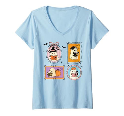 Damen Retro-Geister Lesen Bücher Bücherwurm Literarisches Mädchen T-Shirt mit V-Ausschnitt von Retro Ghost Reading Books Literary Girl Halloween