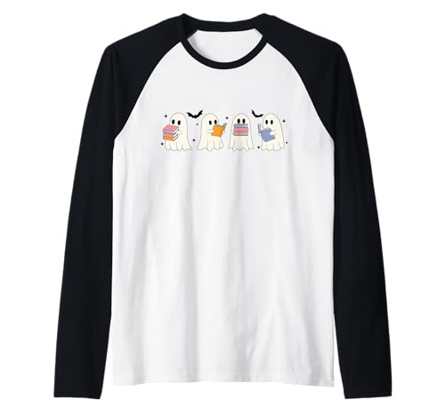 Retro-Geister Lesen Bücher Bücherwurm Literarisches Mädchen Raglan von Retro Ghost Reading Books Literary Girl Halloween