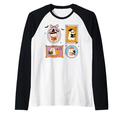 Retro-Geister Lesen Bücher Bücherwurm Literarisches Mädchen Raglan von Retro Ghost Reading Books Literary Girl Halloween