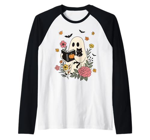 Retro-Geister Lesen Bücher Bücherwurm Literarisches Mädchen Raglan von Retro Ghost Reading Books Literary Girl Halloween