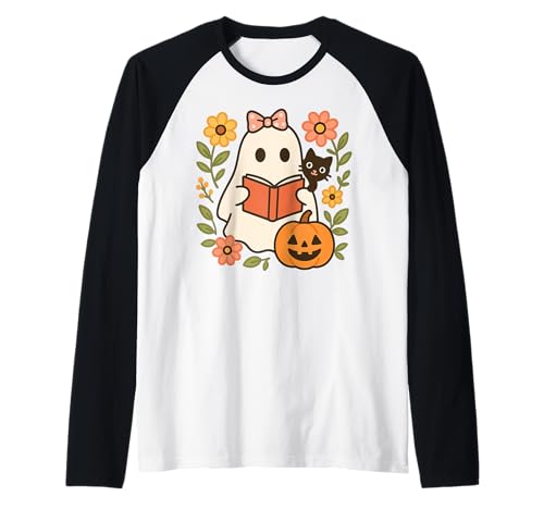 Retro-Geister Lesen Bücher Bücherwurm Literarisches Mädchen Raglan von Retro Ghost Reading Books Literary Girl Halloween