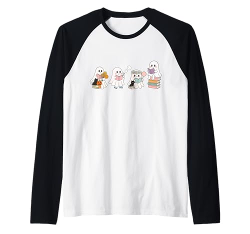 Retro-Geister Lesen Bücher Bücherwurm Literarisches Mädchen Raglan von Retro Ghost Reading Books Literary Girl Halloween