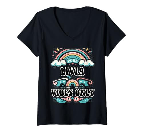 Damen Livia Vibes Only Cute Retro Girls Livia Name T-Shirt mit V-Ausschnitt von Retro Gift For Women Gift For LIVIA