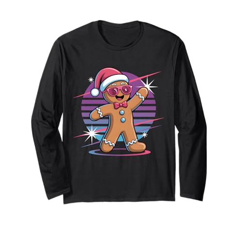 Retro 80er Jahre Lebkuchenmann Weihnachten Backen Damen Herren Langarmshirt von Retro Gingerbread Santa Hat Xmas Cookie