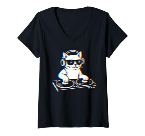 Damen Vaporwave-Musikdesign im Glitch-Stil von DJ Cat T-Shirt mit V-Ausschnitt Damen Vaporwave-Musikdesign im Glitch-Stil von DJ Cat T-Shirt mit V-Ausschnitt von Retro Glitch DJ Cat Tees