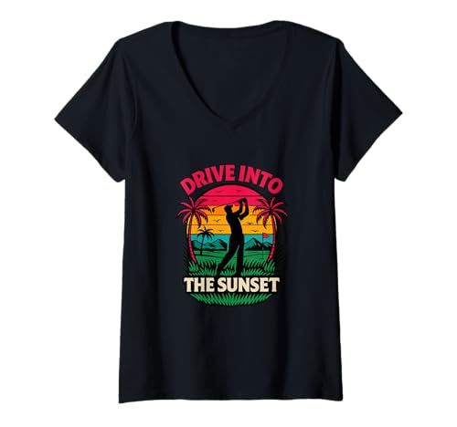 Damen Drive Into The Sunset Lustige Retro-Golf-Grafik T-Shirt mit V-Ausschnitt Damen Drive Into The Sunset Lustige Retro-Golf-Grafik T-Shirt mit V-Ausschnitt von Retro Golf Humor Golfer Lifestyle Apparel
