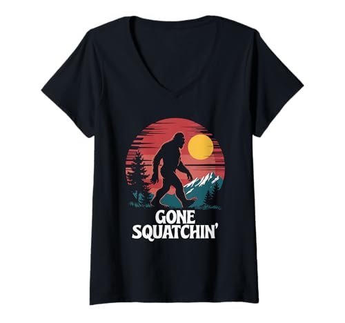 Damen Gone Squatchin Sonnenuntergang Bigfoot Wandern Sasquatch T-Shirt mit V-Ausschnitt Damen Gone Squatchin Sonnenuntergang Bigfoot Wandern Sasquatch T-Shirt mit V-Ausschnitt von Retro Gone Squatchin Sasquatch Mystery Mountain