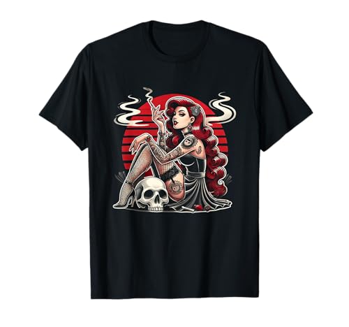 Tattoo Goth Pin-Up Girl mit Totenkopf Vintage Horror Rockabilly T-Shirt von Retro Gothic Halloween Men Women Tees