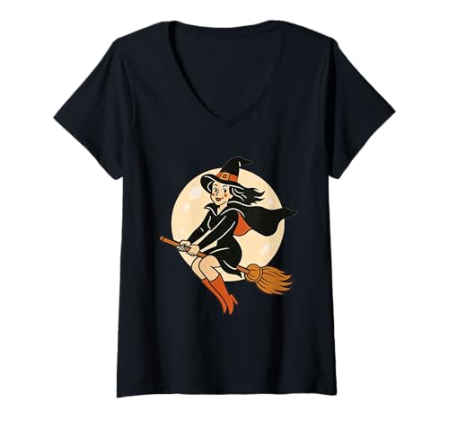 Damen Süße Pin-Up Hexe Fullmoon Wicca Gruseliges Halloween T-Shirt mit V-Ausschnitt Damen Süße Pin-Up Hexe Fullmoon Wicca Gruseliges Halloween T-Shirt mit V-Ausschnitt von Retro Gothic Witch Trick or Treat Kawaii Design