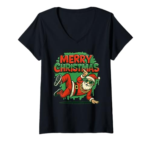 Damen Coole Hip Hop Santa Graffiti Weihnachten Breakdancer T-Shirt mit V-Ausschnitt Damen Coole Hip Hop Santa Graffiti Weihnachten Breakdancer T-Shirt mit V-Ausschnitt von Retro Graffiti Hip-Hop Breakdance Funny Santa