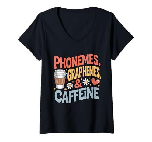 Damen Lustig, Graphemes und Koffein: Zurück in die Schule lesen T-Shirt mit V-Ausschnitt Damen Lustig, Graphemes und Koffein: Zurück in die Schule lesen T-Shirt mit V-Ausschnitt von Retro Graphemes und Koffein lustig