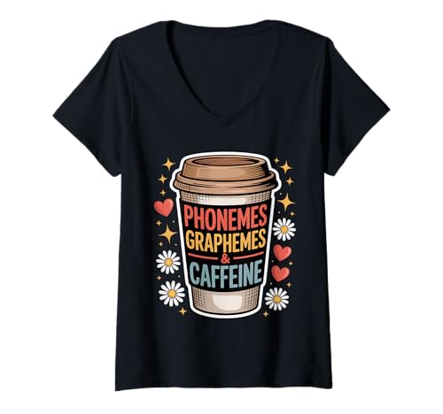 Damen Spaß, Graphemes und Koffein: Zurück in die Schule lesen T-Shirt mit V-Ausschnitt Damen Spaß, Graphemes und Koffein: Zurück in die Schule lesen T-Shirt mit V-Ausschnitt von Retro Graphemes und Koffein lustig