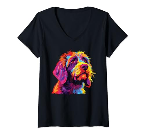 Damen Wasserfarben Farbenfroher Griffon Korthals Hunde T-Shirt mit V-Ausschnitt Damen Wasserfarben Farbenfroher Griffon Korthals Hunde T-Shirt mit V-Ausschnitt von Retro Griffon Korthals Dog Tees