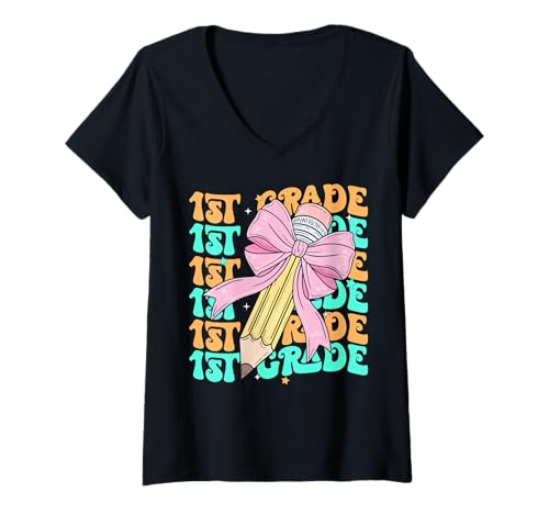 Damen Groovy 1st Grade Zurück zur Schule Erster Tag der ersten Klasse T-Shirt mit V-Ausschnitt Damen Groovy 1st Grade Zurück zur Schule Erster Tag der ersten Klasse T-Shirt mit V-Ausschnitt von Retro Groovy Back To School For Kids Girls Apparel