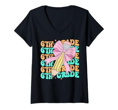 Damen Groovy 6th Grade Zurück zur Schule Erster Tag der sechsten Klasse T-Shirt mit V-Ausschnitt Damen Groovy 6th Grade Zurück zur Schule Erster Tag der sechsten Klasse T-Shirt mit V-Ausschnitt von Retro Groovy Back To School For Kids Girls Apparel