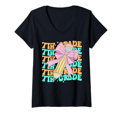 Damen Groovy 7. Klasse Zurück zur Schule Erster Tag der siebten Klasse T-Shirt mit V-Ausschnitt Damen Groovy 7. Klasse Zurück zur Schule Erster Tag der siebten Klasse T-Shirt mit V-Ausschnitt von Retro Groovy Back To School For Kids Girls Apparel