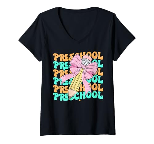 Damen Groovy Vorschule Back to School First Day of Pre-k T-Shirt mit V-Ausschnitt Damen Groovy Vorschule Back to School First Day of Pre-k T-Shirt mit V-Ausschnitt von Retro Groovy Back To School For Kids Girls Apparel