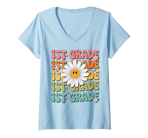 Damen Groovy 1st Grade Zurück zur Schule Erster Tag der ersten Klasse T-Shirt mit V-Ausschnitt Damen Groovy 1st Grade Zurück zur Schule Erster Tag der ersten Klasse T-Shirt mit V-Ausschnitt von Retro Groovy Back to School for First Grade
