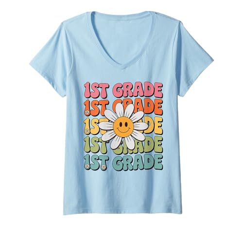 Damen Groovy 1st Grade Zurück zur Schule Erster Tag der ersten Klasse T-Shirt mit V-Ausschnitt Damen Groovy 1st Grade Zurück zur Schule Erster Tag der ersten Klasse T-Shirt mit V-Ausschnitt von Retro Groovy Back to School for First Grade