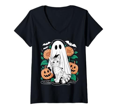 Damen Halloween-Gespenst im Vintage-Stil mit schwarzer Katze, grooviges Blumenmuster T-Shirt mit V-Ausschnitt Damen Halloween-Gespenst im Vintage-Stil mit schwarzer Katze, grooviges Blumenmuster T-Shirt mit V-Ausschnitt von Retro Groovy Ghost and Black Cat Halloween Apparel