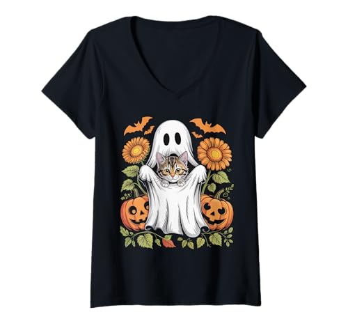 Damen Halloween-Gespenst im Vintage-Stil mit schwarzer Katze, grooviges Blumenmuster T-Shirt mit V-Ausschnitt Damen Halloween-Gespenst im Vintage-Stil mit schwarzer Katze, grooviges Blumenmuster T-Shirt mit V-Ausschnitt von Retro Groovy Ghost and Black Cat Halloween Apparel