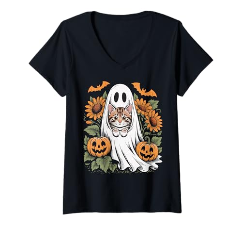 Damen Halloween-Gespenst im Vintage-Stil mit schwarzer Katze, grooviges Blumenmuster T-Shirt mit V-Ausschnitt Damen Halloween-Gespenst im Vintage-Stil mit schwarzer Katze, grooviges Blumenmuster T-Shirt mit V-Ausschnitt von Retro Groovy Ghost and Black Cat Halloween Apparel