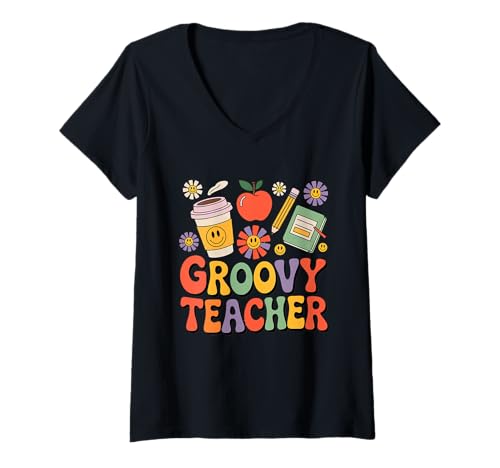 Damen Groovy Teacher im Retro-Look T-Shirt mit V-Ausschnitt von Retro Groovy Teacher Vibes