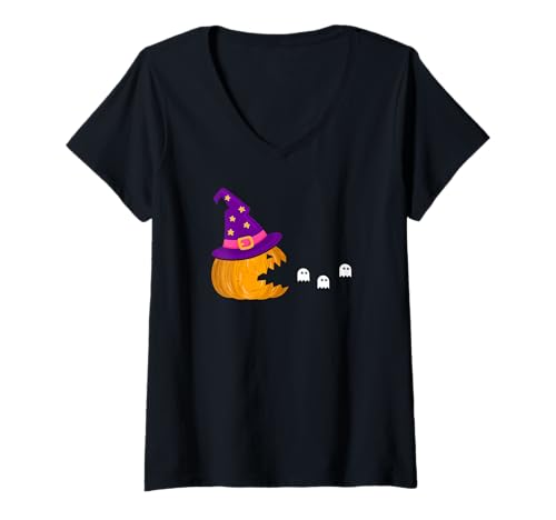 Damen Kürbis Hexe Geisterjagd Arcade Halloween Spaß T-Shirt mit V-Ausschnitt Damen Kürbis Hexe Geisterjagd Arcade Halloween Spaß T-Shirt mit V-Ausschnitt von Retro Grusel Gamer Kürbis Stimmung