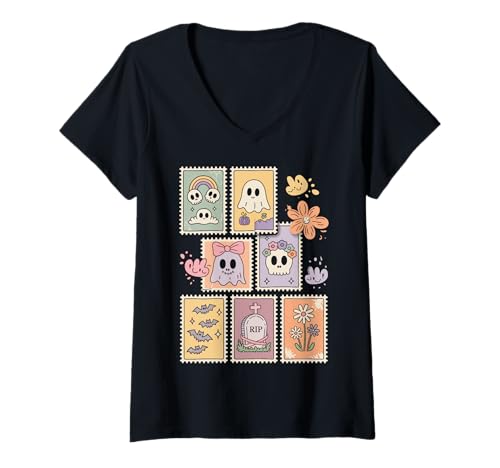 Damen Halloween Vintage Stamp Creepy Cute Summerween T-Shirt mit V-Ausschnitt Damen Halloween Vintage Stamp Creepy Cute Summerween T-Shirt mit V-Ausschnitt von Retro Halloween Ghosts Stamp Icons tee