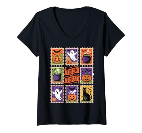 Damen Retro Halloween Stamp Icons Funny Halloween Cat Ghost Stamp T-Shirt mit V-Ausschnitt von Retro Halloween Ghosts Stamp Icons tee