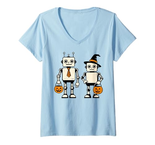 Damen Niedliche Halloween-Roboter Sci-Fi Trick or Treat T-Shirt mit V-Ausschnitt Damen Niedliche Halloween-Roboter Sci-Fi Trick or Treat T-Shirt mit V-Ausschnitt von Retro Halloween Low Budget Costume Robot Pumpkin